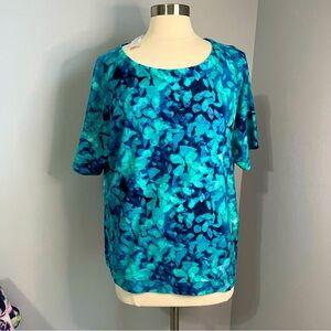 Weekends by Chico's 2 (L/12) Blue Green Floral Knit Short Sleeve Sweater